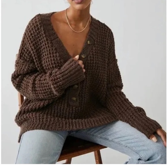 NWT Free People Whistle Thermal Henely Top Brownstone Combo 🐻 - Picture 2 of 6